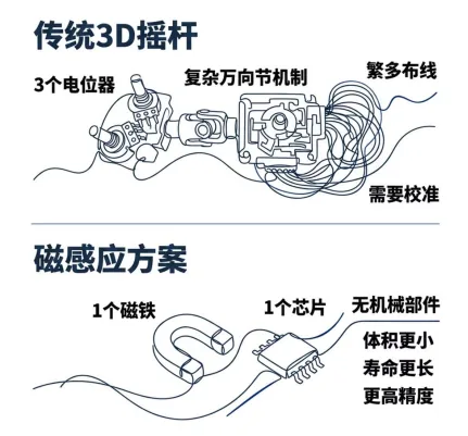 传统 3D 摇杆与磁感应方案对比